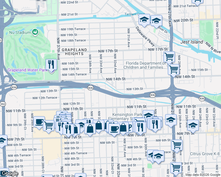 map of restaurants, bars, coffee shops, grocery stores, and more near 3200 Northwest 13th Terrace in Miami