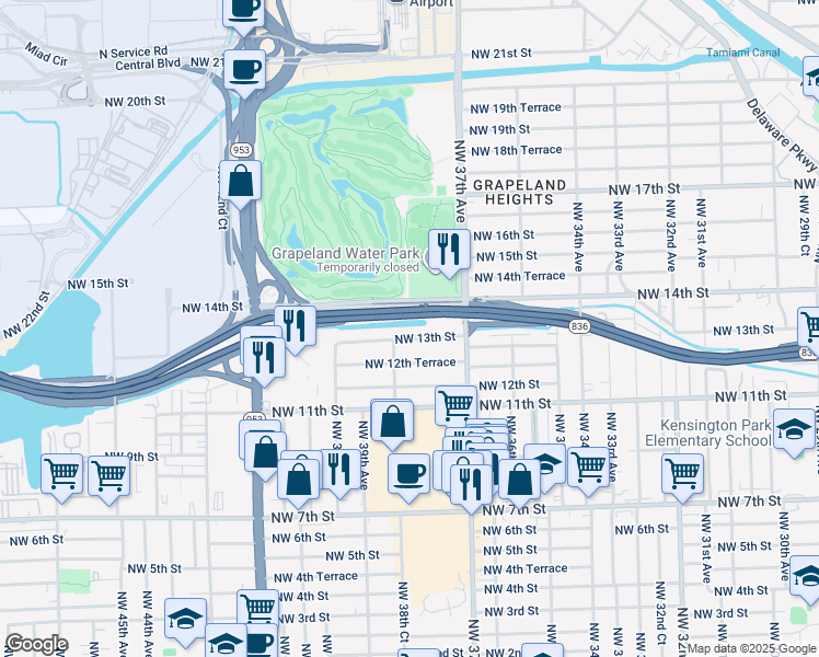 map of restaurants, bars, coffee shops, grocery stores, and more near 3760 Northwest 13th Street in Miami