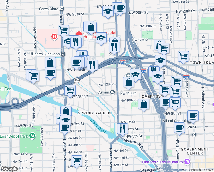 map of restaurants, bars, coffee shops, grocery stores, and more near in Miami