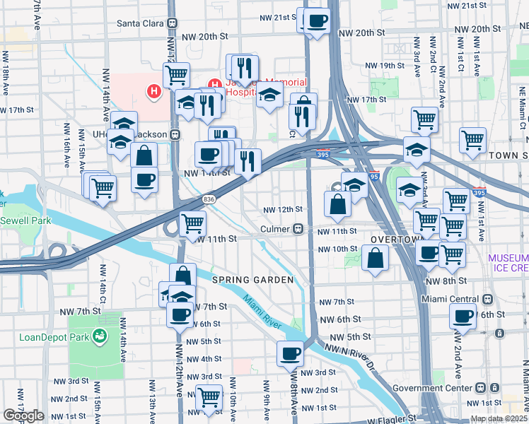 map of restaurants, bars, coffee shops, grocery stores, and more near 836 Northwest 12th Street in Miami