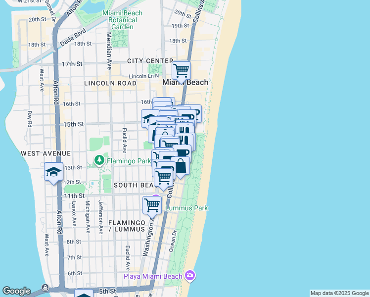 map of restaurants, bars, coffee shops, grocery stores, and more near 1410 Ocean Drive in Miami Beach