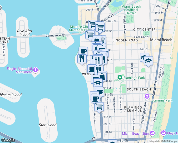 map of restaurants, bars, coffee shops, grocery stores, and more near 1330 14th Street in Miami Beach
