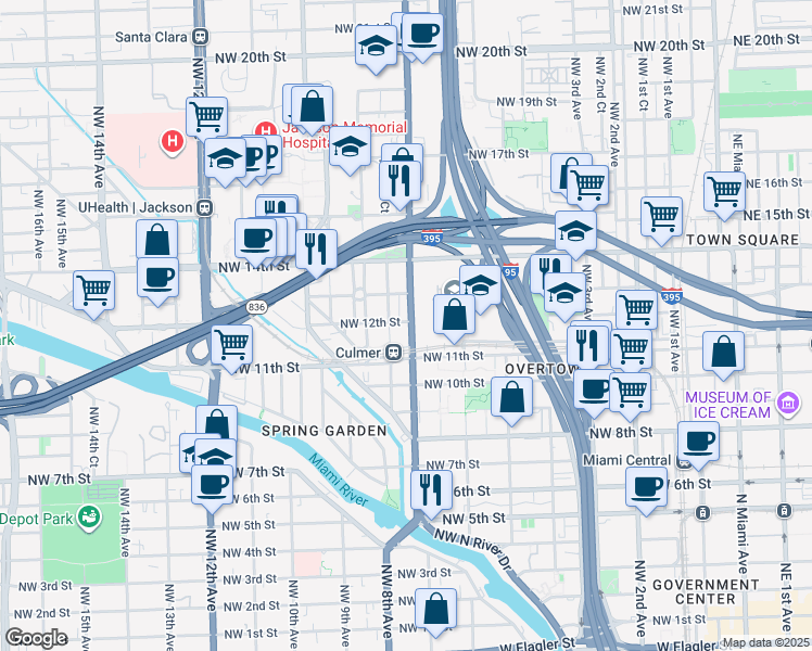 map of restaurants, bars, coffee shops, grocery stores, and more near 1170 Northwest 7th Avenue in Miami