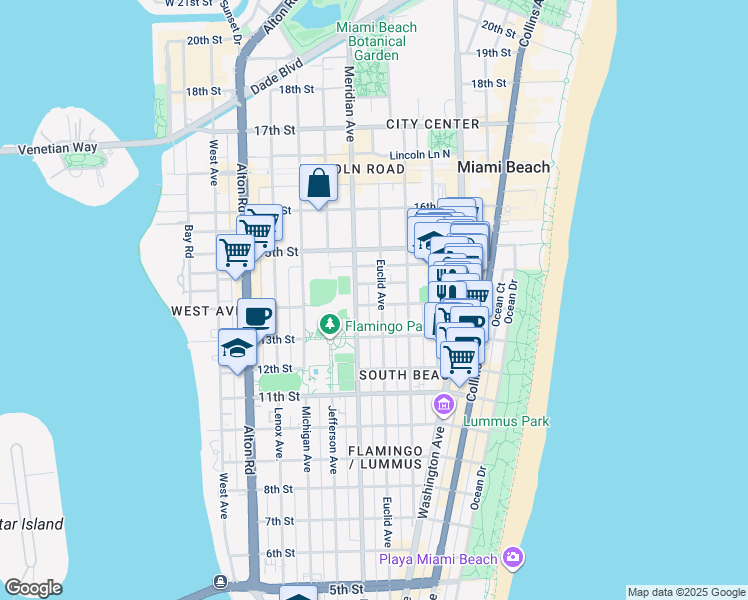 map of restaurants, bars, coffee shops, grocery stores, and more near 701 14th Street in Miami Beach