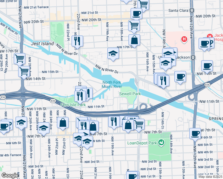 map of restaurants, bars, coffee shops, grocery stores, and more near 1951 Northwest 12th Street in Miami