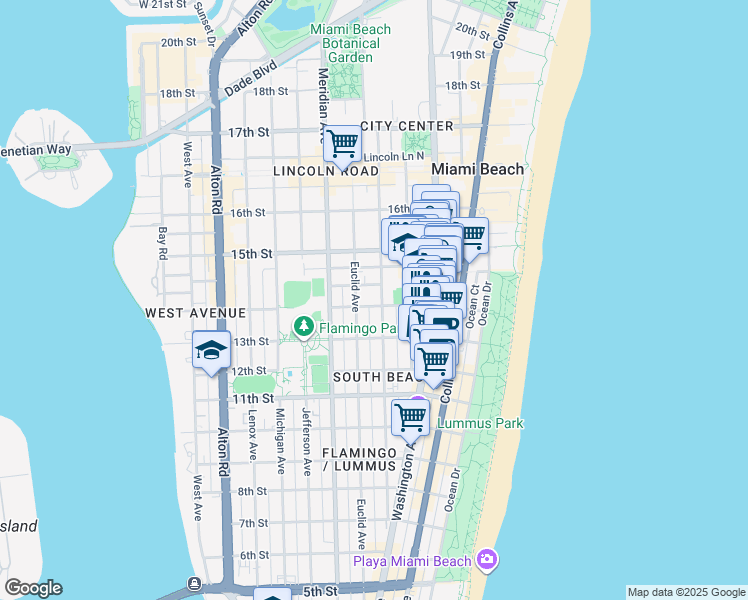 map of restaurants, bars, coffee shops, grocery stores, and more near 1340 Pennsylvania Avenue in Miami Beach