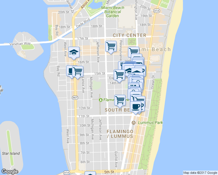 map of restaurants, bars, coffee shops, grocery stores, and more near 1345 Meridian Avenue in Miami Beach