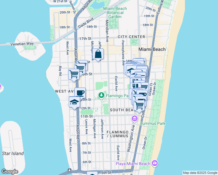 map of restaurants, bars, coffee shops, grocery stores, and more near 1411 Meridian Avenue in Miami Beach