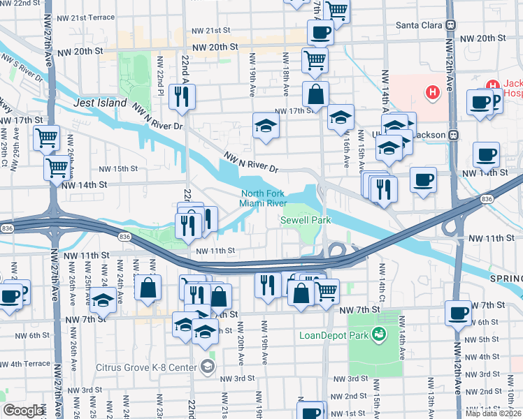 map of restaurants, bars, coffee shops, grocery stores, and more near 1951 Northwest 12th Street in Miami