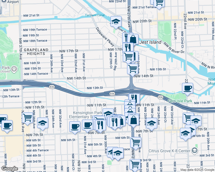 map of restaurants, bars, coffee shops, grocery stores, and more near 1280 Northwest 29th Avenue in Miami