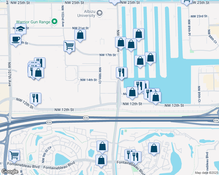 map of restaurants, bars, coffee shops, grocery stores, and more near 1345 Northwest 98th Court in Doral