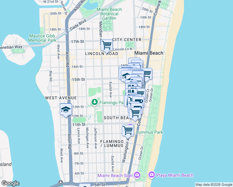 map of restaurants, bars, coffee shops, grocery stores, and more near 1340 Pennsylvania Avenue in Miami Beach