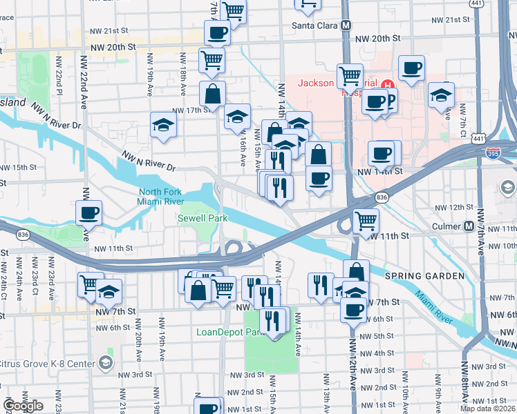map of restaurants, bars, coffee shops, grocery stores, and more near 1480 Northwest North River Drive in Miami