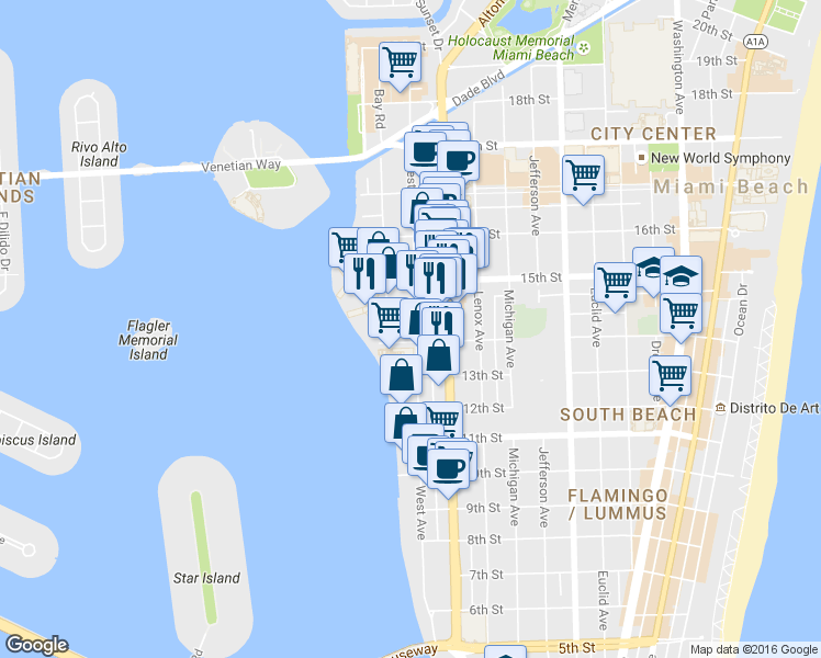 map of restaurants, bars, coffee shops, grocery stores, and more near in Miami Beach