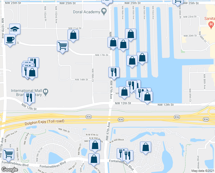 map of restaurants, bars, coffee shops, grocery stores, and more near 1345 Northwest 98th Court in Doral