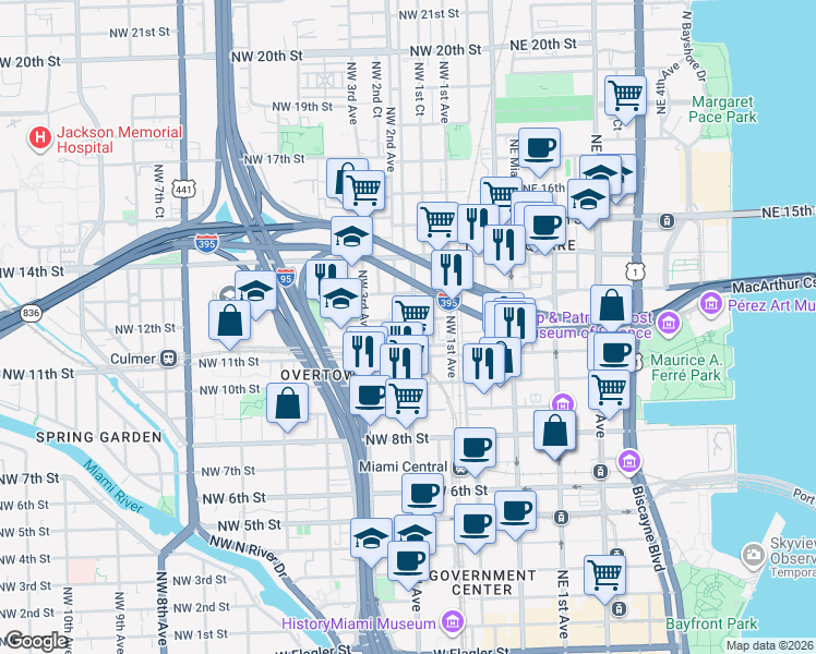 map of restaurants, bars, coffee shops, grocery stores, and more near 1118 Northwest 1st Court in Miami
