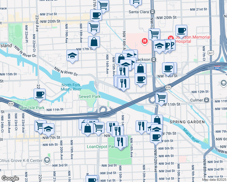 map of restaurants, bars, coffee shops, grocery stores, and more near 1400 Northwest North River Drive in Miami