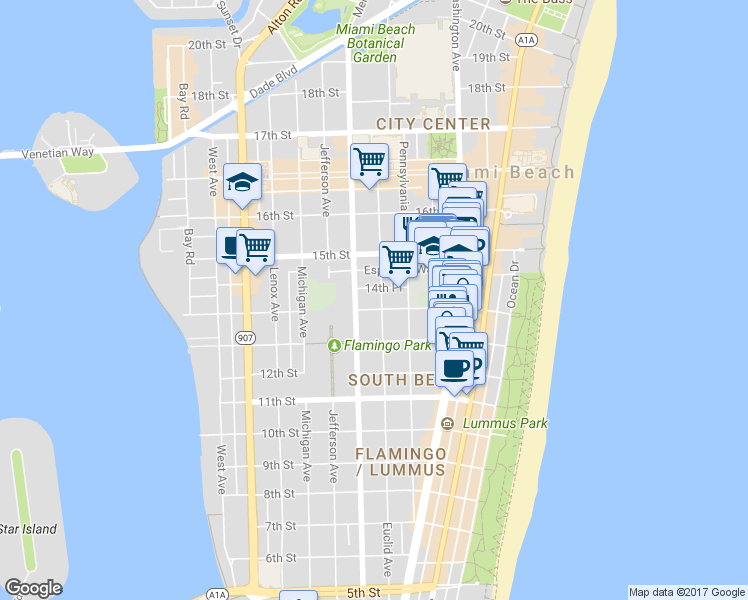 map of restaurants, bars, coffee shops, grocery stores, and more near 1351 Meridian Avenue in Miami Beach