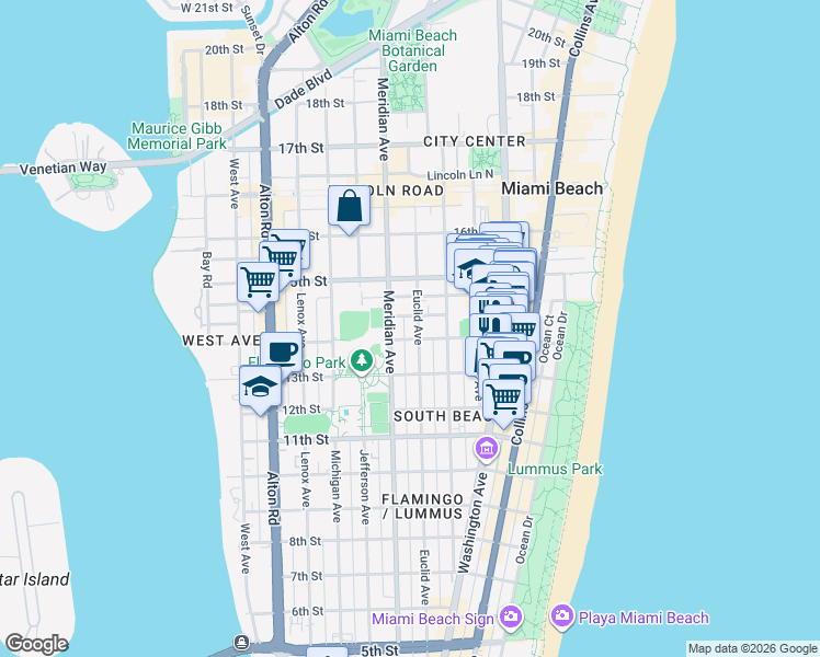 map of restaurants, bars, coffee shops, grocery stores, and more near in Miami Beach