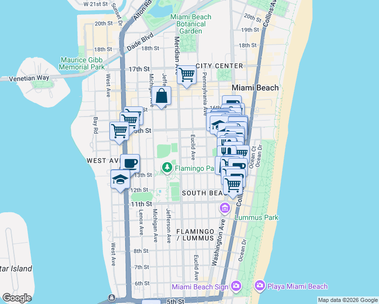 map of restaurants, bars, coffee shops, grocery stores, and more near in Miami Beach
