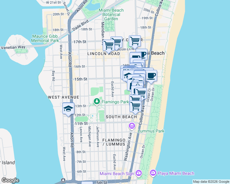 map of restaurants, bars, coffee shops, grocery stores, and more near 1409 Euclid Avenue in Miami Beach