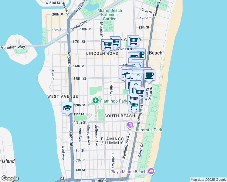 map of restaurants, bars, coffee shops, grocery stores, and more near in Miami Beach