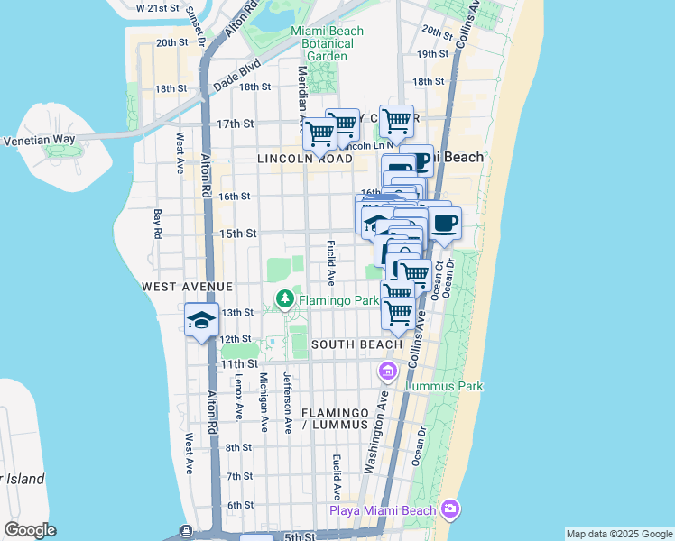 map of restaurants, bars, coffee shops, grocery stores, and more near in Miami Beach