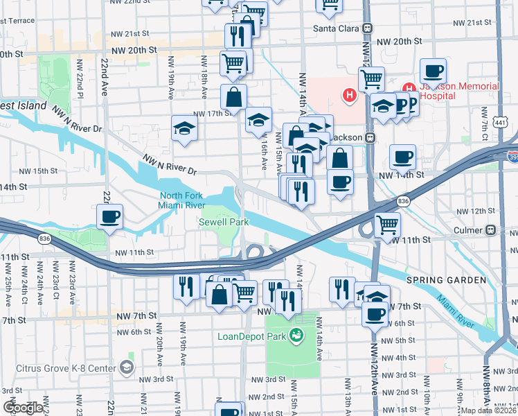map of restaurants, bars, coffee shops, grocery stores, and more near 1600 Northwest North River Drive in Miami