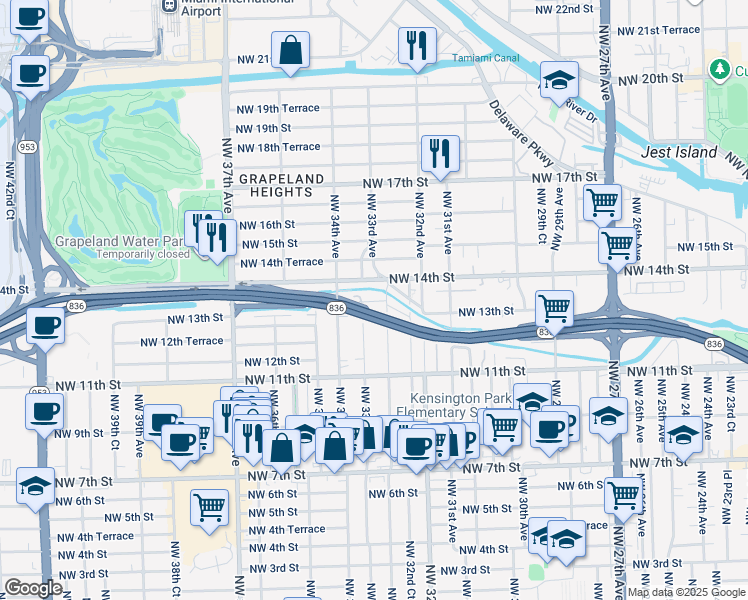 map of restaurants, bars, coffee shops, grocery stores, and more near 3324 Northwest 14th Street in Miami