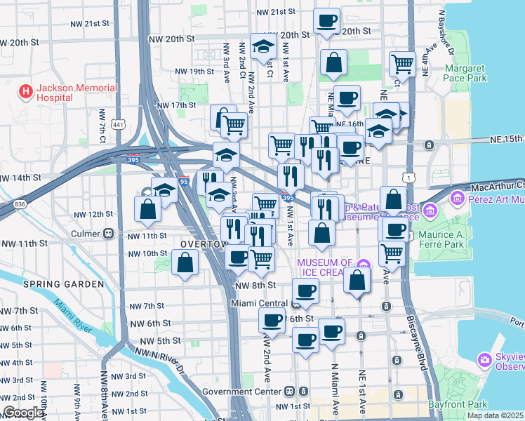 map of restaurants, bars, coffee shops, grocery stores, and more near 1228 Northwest 1st Court in Miami