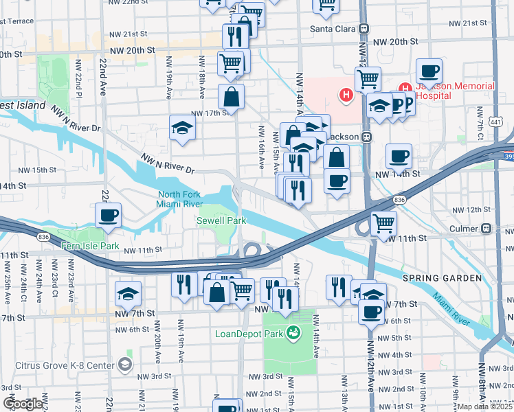 map of restaurants, bars, coffee shops, grocery stores, and more near 1600 Northwest North River Drive in Miami