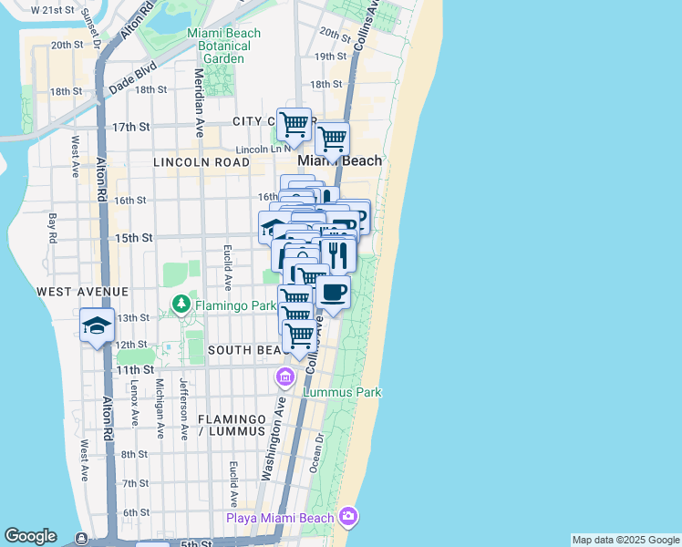 map of restaurants, bars, coffee shops, grocery stores, and more near in Miami Beach