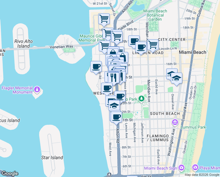 map of restaurants, bars, coffee shops, grocery stores, and more near 1435 West Avenue in Miami Beach