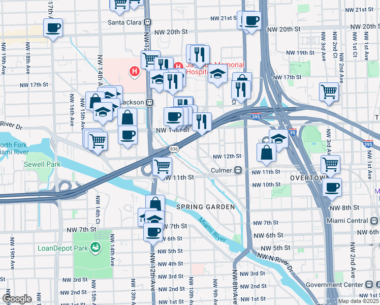 map of restaurants, bars, coffee shops, grocery stores, and more near 1460 Northwest 10th Avenue in Miami