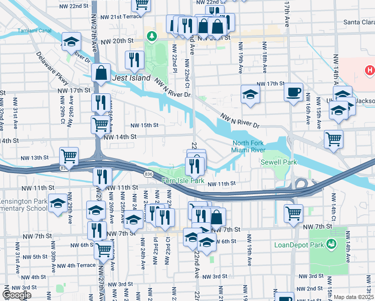 map of restaurants, bars, coffee shops, grocery stores, and more near 1360 Northwest 22nd Avenue in Miami