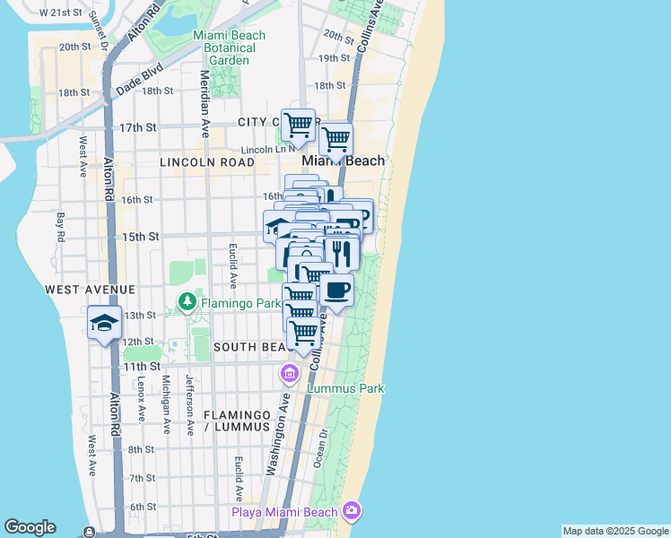 map of restaurants, bars, coffee shops, grocery stores, and more near in Miami Beach
