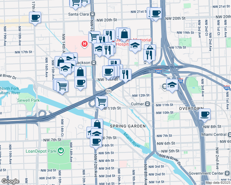 map of restaurants, bars, coffee shops, grocery stores, and more near 1081 Spring Garden Road in Miami