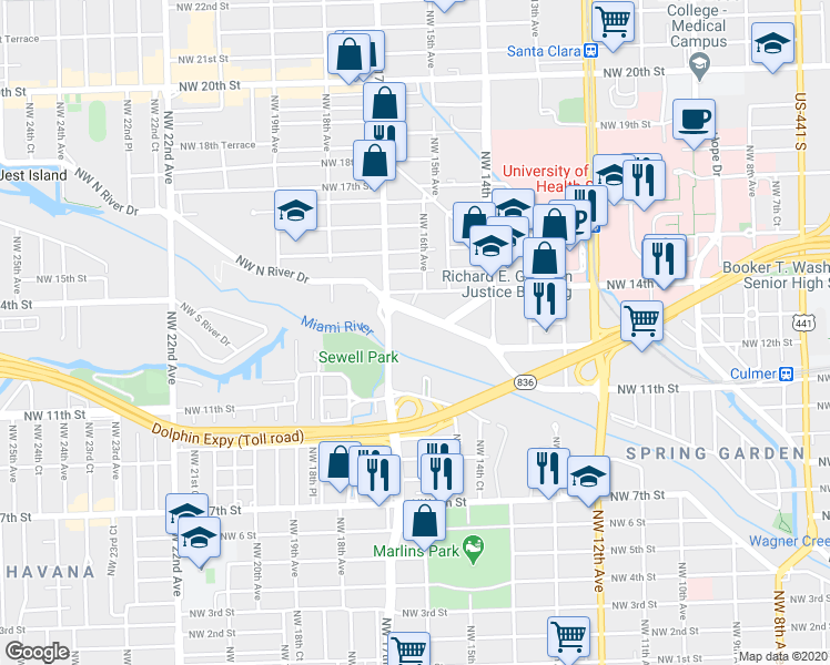 map of restaurants, bars, coffee shops, grocery stores, and more near 1600 Northwest North River Drive in Miami