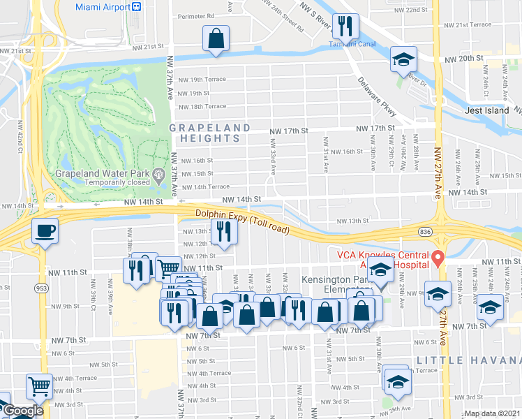 map of restaurants, bars, coffee shops, grocery stores, and more near 3324 Northwest 14th Street in Miami