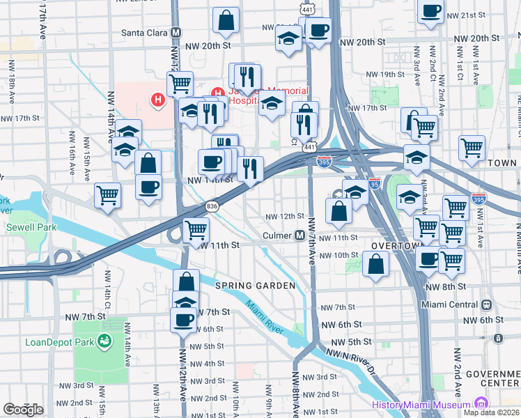 map of restaurants, bars, coffee shops, grocery stores, and more near 1248 Northwest 8th Court in Miami