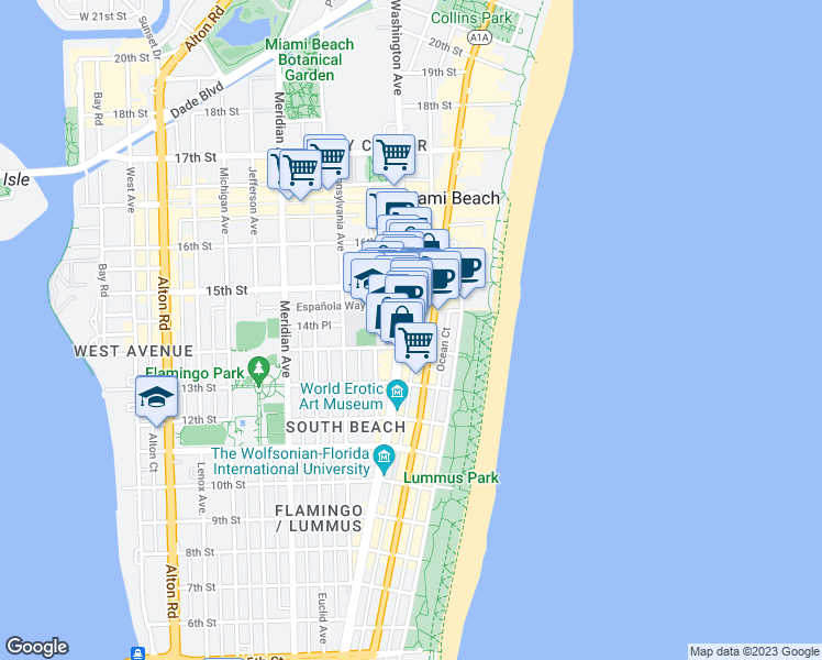 map of restaurants, bars, coffee shops, grocery stores, and more near 1415 Washington Avenue in Miami Beach