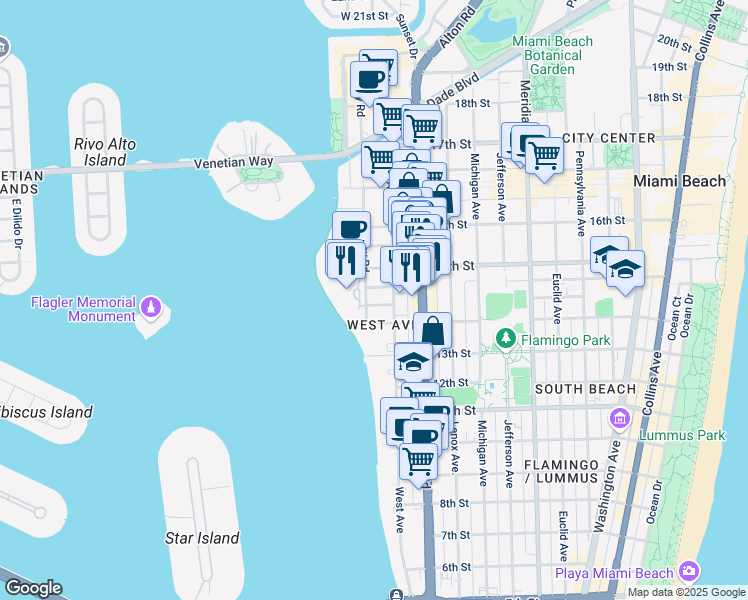map of restaurants, bars, coffee shops, grocery stores, and more near 1428 Bay Road in Miami Beach
