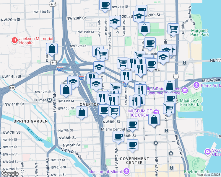map of restaurants, bars, coffee shops, grocery stores, and more near 1210 Northwest 2nd Avenue in Miami