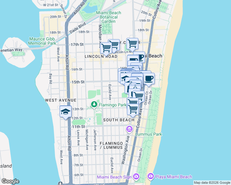 map of restaurants, bars, coffee shops, grocery stores, and more near in Miami Beach