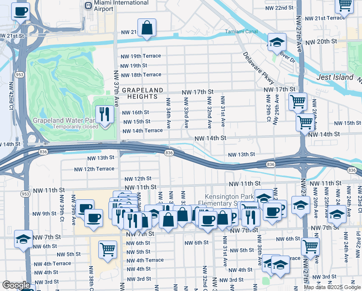map of restaurants, bars, coffee shops, grocery stores, and more near 3324 Northwest 14th Street in Miami