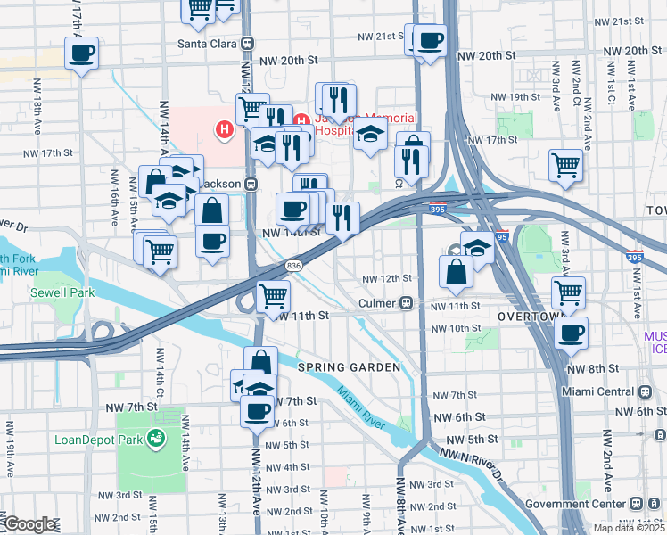 map of restaurants, bars, coffee shops, grocery stores, and more near 1460 Northwest 10th Avenue in Miami