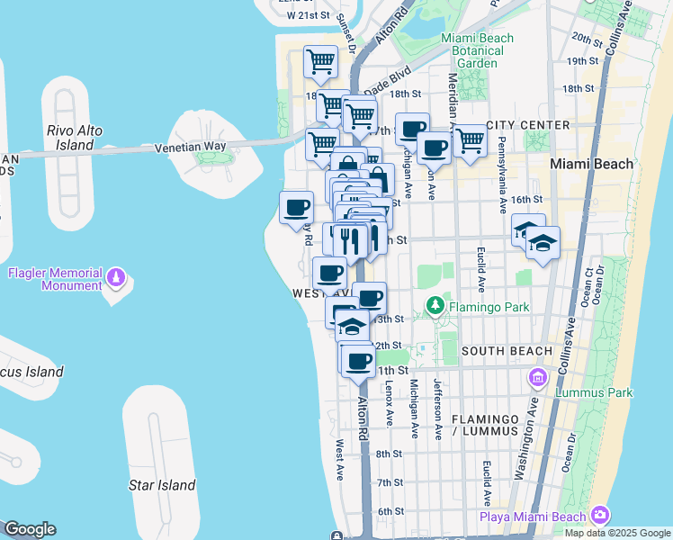 map of restaurants, bars, coffee shops, grocery stores, and more near 1435 West Avenue in Miami Beach