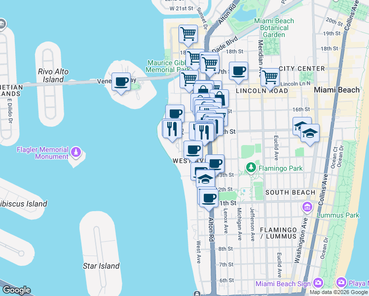 map of restaurants, bars, coffee shops, grocery stores, and more near 1426 Bay Road in Miami Beach