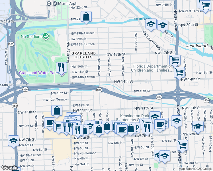 map of restaurants, bars, coffee shops, grocery stores, and more near 3324 Northwest 14th Street in Miami