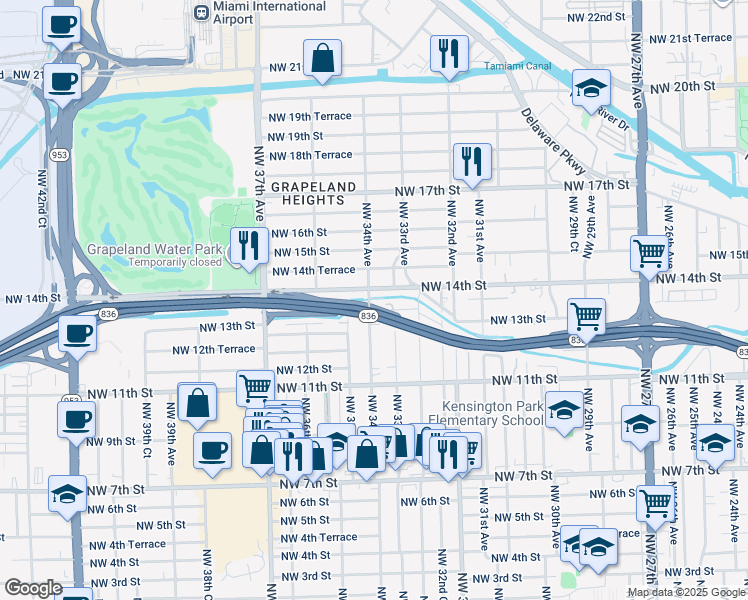 map of restaurants, bars, coffee shops, grocery stores, and more near 3400 Northwest 14th Street in Miami